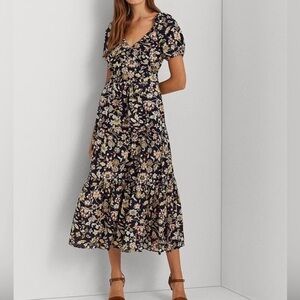Lauren Ralph Lauren Floral Cotton Voile Puff-Sleeve Midi Dress Navy Size 14